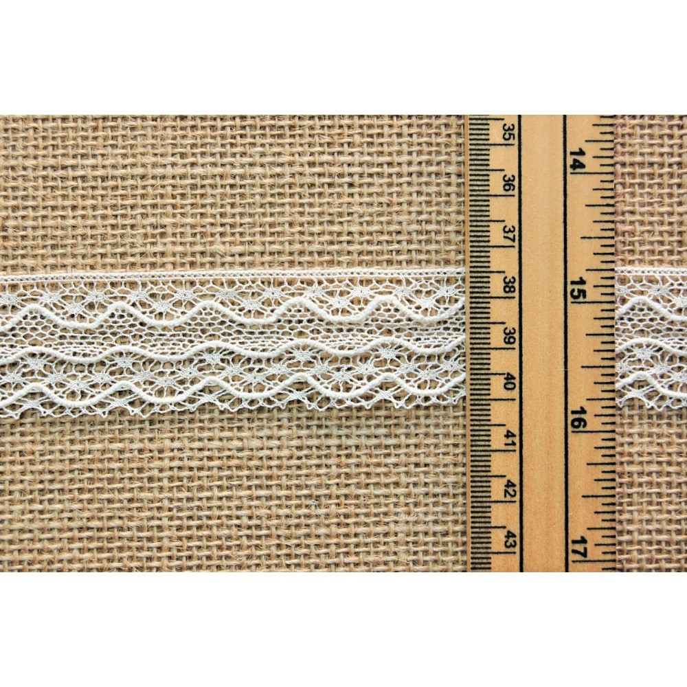 Puntilla de encaje de bolillos de algodón de 110 mm de ancho color vigo  claro y crudo